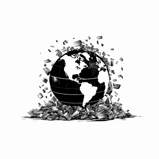 minimalist iconic logo of globe in a messy pile of money. black vector. white background.