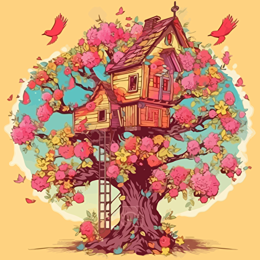 big tree, tree house, birds, flowers, sun, vector image