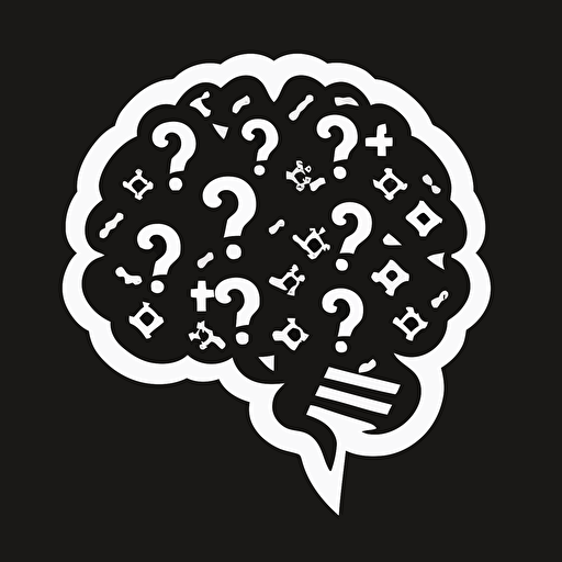 simple brain with runic question marks in it, black and white, vector, flat, svg