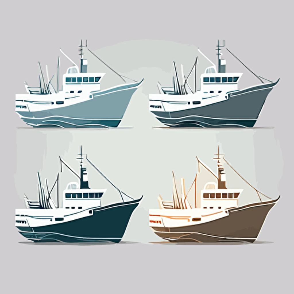 design fishing ship variations from front view, icon, vector, minimalist, monochromatic