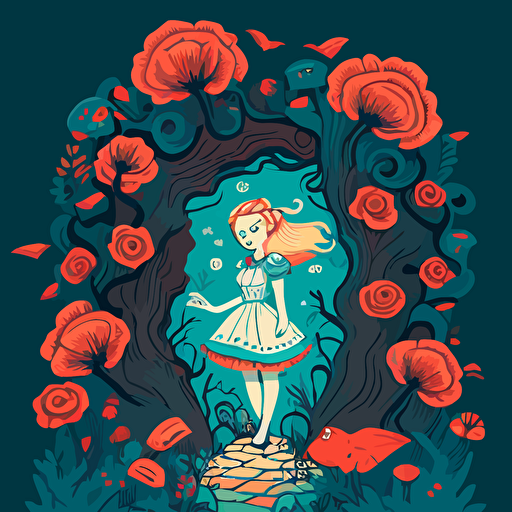 vector style illustration inspired by Alice in wonderland for book cover