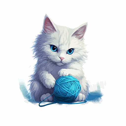 an adorable turkish angora cat with sky blue eyes playing with a ball of yarn and snarling, vector art