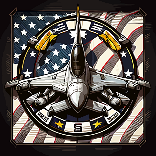 chess board, f18 super hornet jet in circle, badge, american flag, stars, stripes, jet plane, vector art, illustration, 2d, detailed