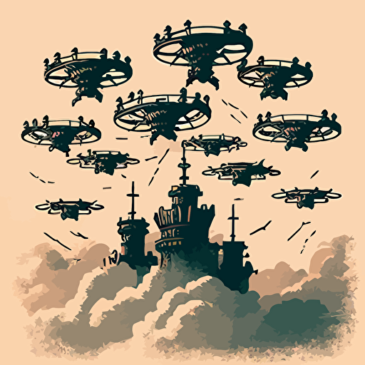 Victorian line illustration of a swarm of drones, dji, high in clouds, vector illustration,