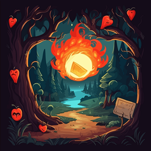 A letter and fire apple in night forest, vector cartoon style