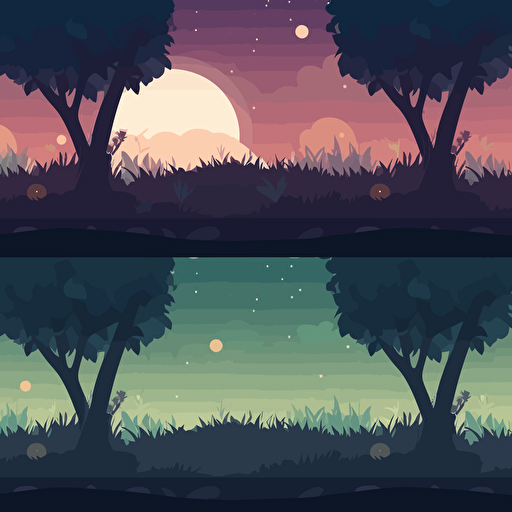 minimalistic vector parallax landscape background. seamless unending cartoon background for arcade game. night jungle trees with bushes. vector illustration, parallax ready.