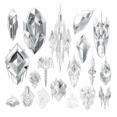 Collection of futuristic cut jewels, cyber punk, translucent, shiny object, high detail, symmetrical, vector, cartoon, white background