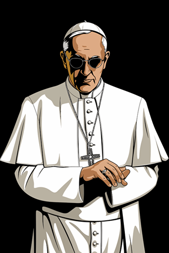 pope francis, wearing a white stylish trendy collared lapel dress suit, black background, 80s comic style vector poster,