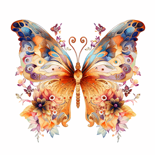 whimsical floral butterfly design in Gold, watercolor, detailed, vector