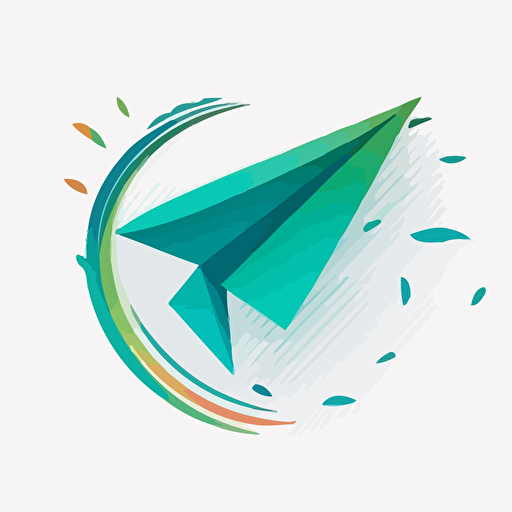 a minimalist, vector-style logo featuring a paper airplane emerging from a half-circle. Use a white background and blue-green colors.