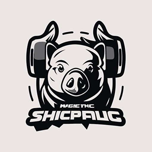mascot logo of a pig with earphones, esports style, black and white, 2D vector logo, flat, white background,
