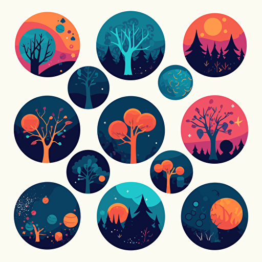 planets of different shapes, trees of different shapes, vector, a simple drawing, q 2