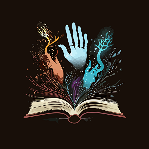 magical hands, black hand, brown hand, white hand, reaching for magical book, vector art for logo