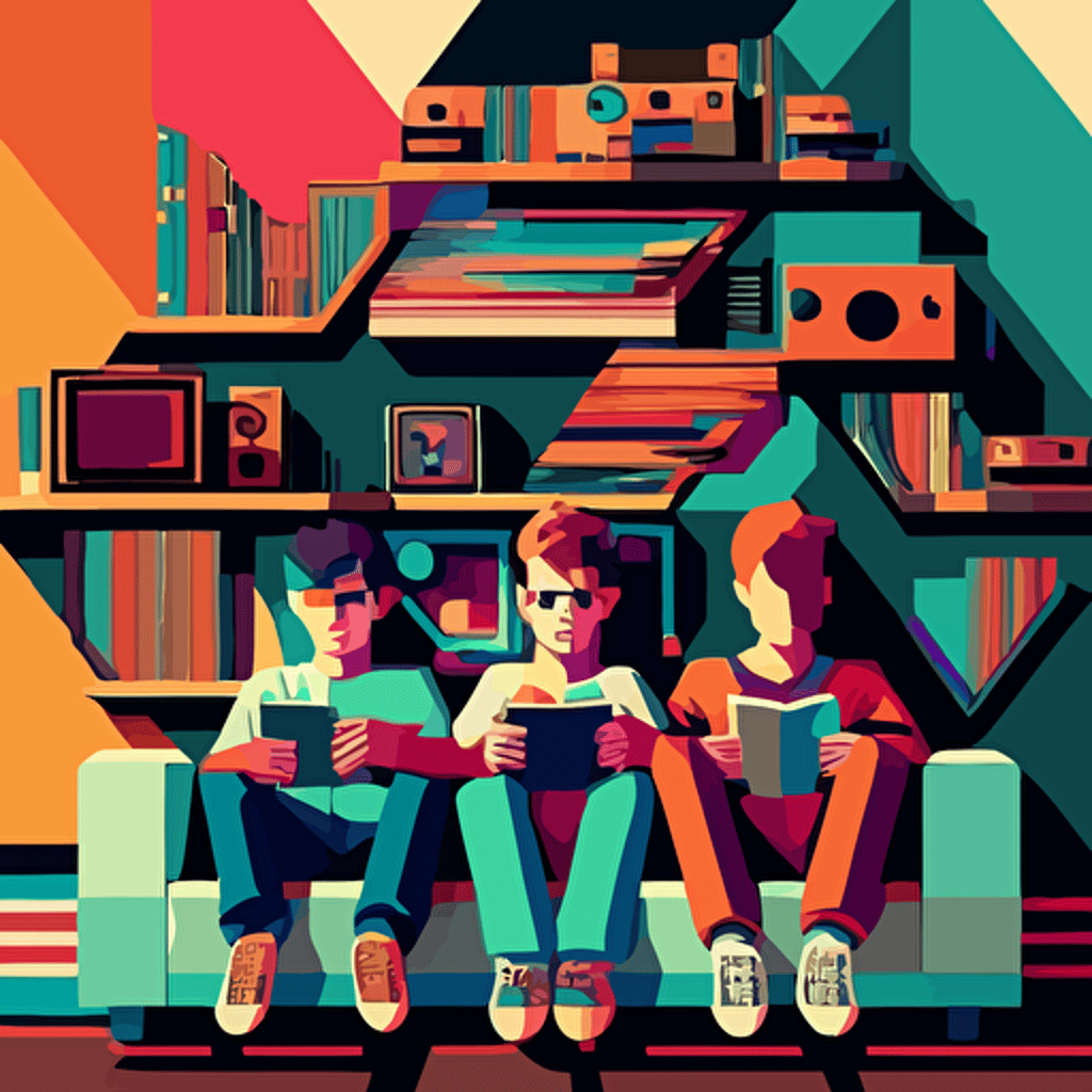 3 young, in the ´90, sitting on a couch. The walls have posters of rock bands. There is a shelf with stacked records. vectorial art geometric, similar Tom Whalen