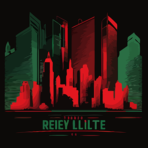 brooklyn skyline in a tribe called quest cover style, red and green on black background, vector illustrated, flat design