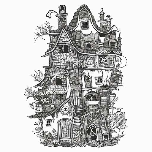 tall whimsical zentangle black and white medieval hobbit house, in flat 2d vector style, no perspective 4d91006c-2d9f-4a11-be13-7dac0aa6d6a6