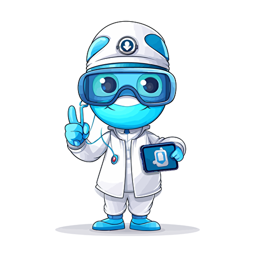 a cute mascot of a doctor wearing face mask and stethoscope, while holding a cellular phone, vector, white and blue