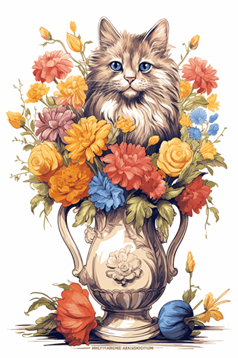 svg vector drawing of a beautiful cat near a vase full of flowers