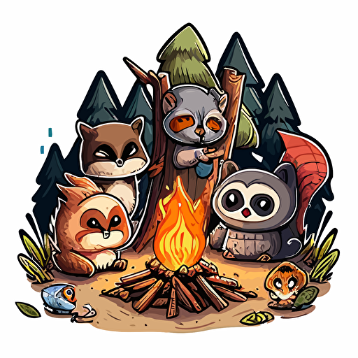 cartoon racoon, bear, bunny, owl gathered around fire camping vector art sticker