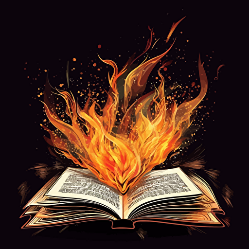 an open book with fire coming out of the pages, vector, art