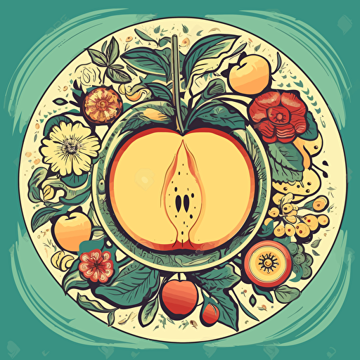 sliced apple illustration with framed botanical ornaments simplified illustration with a shinning sun using the illustrator illustration styles, vectorized, moder pantone colorful pallet