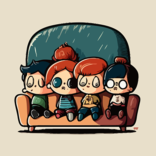 vector image, cartoon style, a group of chibi people sitting on a couch watching a television