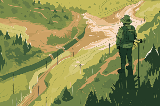vector illustration in first-person perspective (POV) showing the hands of a person holding a field guide to birds while riding in a green water pipe that transports water to a mine near a forest. The view from above shows the vast emptiness below, with lots of grass and trees. The person is dressed as a forest ranger. Use a limited color palette and include fine details.