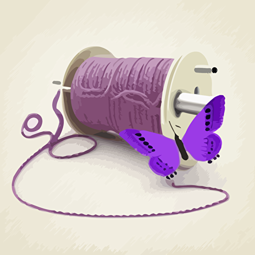 handmade bracelet with spool of thread and purple butterfly logo, flat, vector style, white background.