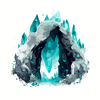 stylized turquoise-color illustration vector dark fantasy art clean / black and turquoise with white accents on a white background / showing a massive geode cave landscape with large, reflective faceted organic beautiful pointed crystals, holding a wide ocean extending to the bottom edge of the image