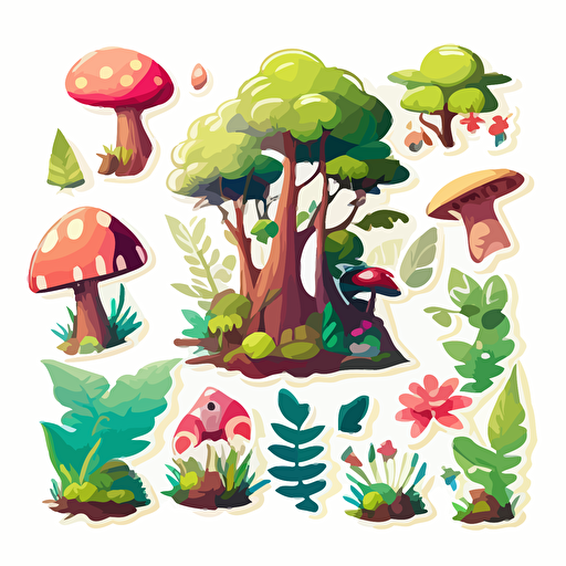 cartoon forest, sticker, vector, white background