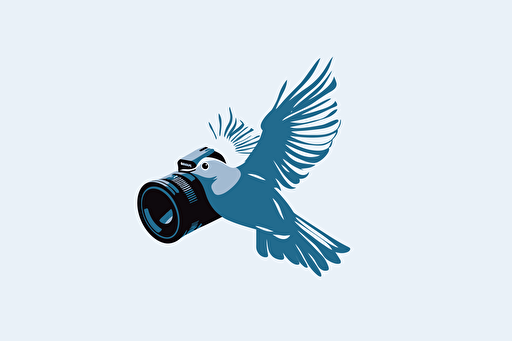 a swift bird flying fast past the front of a DSLR camera, vector logo, minimalist, simple, two color, blue, white, black
