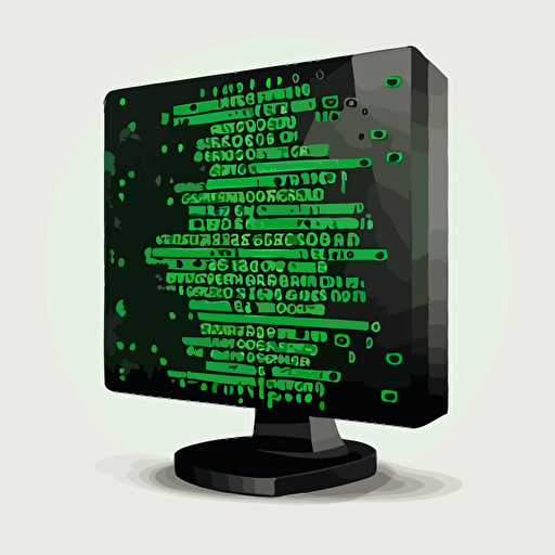computer with black green with green binary text, cartoon version vector based