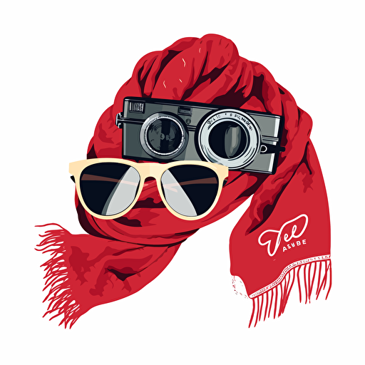 vector logo including a 35mm camera lens, red ray ban sunglasses and a scarf.