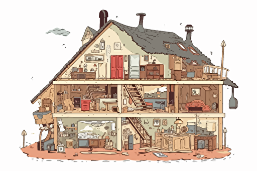 house in the section, there is a basement. There are old things in the attic. simple vector cartoon style, white background,