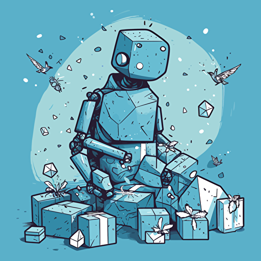 vector doodle minimalist, thinking computer robot, within background contains giftboxes and blue birds