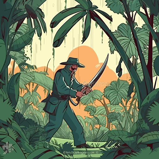 a ninja agroforestry farmer pruning a tree with a machete in a tropical agroforestry, Moebius Style, Jean Giraud Style vector illustration psicadelics