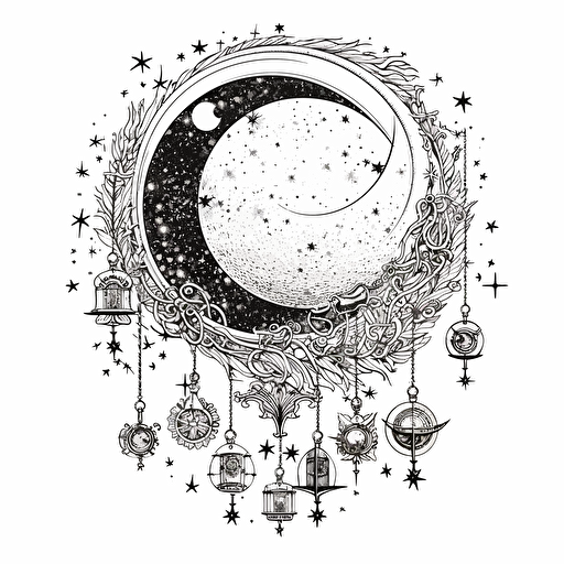 vector moon phase design with stars line drawing super detailed on white background
