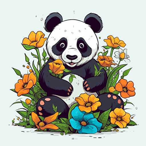 panda, flowers, detailed, cartoon style, 2d clipart vector, creative and imaginative, hd, white background