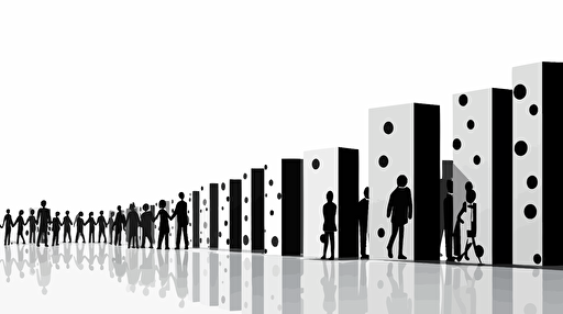 A black and white vector, a row of people fall as dominoes in a Domino Effect