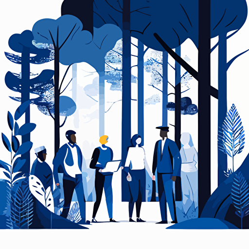 Design a vector image featuring a diverse group of professionals collaborating in a forest setting, incorporating royal blue elements. This image represents the supportive environment that StaffAgency provides for job seekers and employers.