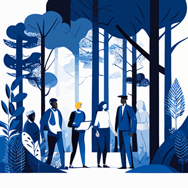 Design a vector image featuring a diverse group of professionals collaborating in a forest setting, incorporating royal blue elements. This image represents the supportive environment that StaffAgency provides for job seekers and employers.