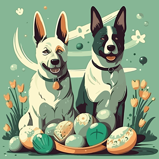 happy dogs around easter eggs. modern and simply Vector grafic, cartoon, 2D, high details, inspired by pet patrol, Green background