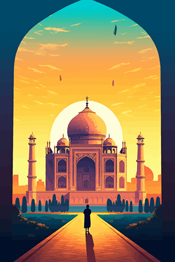 taj mahal, honeycomb style, bright lighting, summer vibrant colors, blue sky, sun in sky, faint clouds, front view, flat,vector,