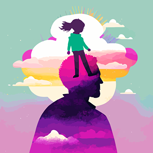 an illustrated kids album cover art, a young child sitting on top of dad's shoulders looking away, silhouette no faces, bright happy pastel colors, vector art