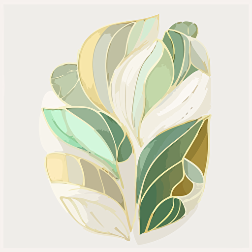 Stained glass petal art on white background. Muted colors. Light green, gold, white. Minimalistic. Flat vector illustration.