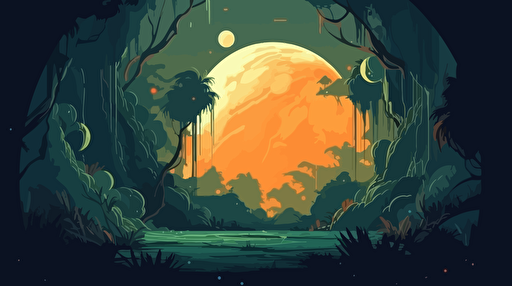 a jungle planet in space, centered, hazy atmosphere, green and orange colors, background is outer space, flat vector illustration