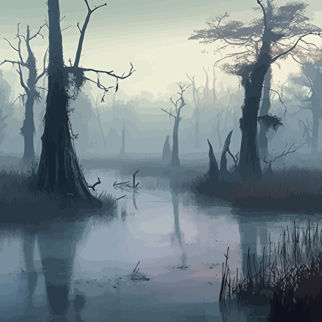 in vector art a Split-shot of the swamp stretches out before you, its murky waters reflecting the gray sky above. Thick fog blankets the landscape, obscuring the trees and casting an eerie glow on the scene. The air is heavy with the scent of damp earth and decaying vegetation.Cyprus trees stand tall and gnarled, their roots dipping into the murky waters. The twisted branches are home to all manner of flying insects, their wings a blur of movement in the mist.As you peer closer, you can see the shadowy depths of the swamp beneath the water's surface. Sluggish water creatures slink and slither through the tangled roots, unseen by those who walk above.It's a querulous landscape, full of mystery and hidden dangers. You can't help but feel a sense of unease as you make your way through the murky waters and tangled undergrowth.