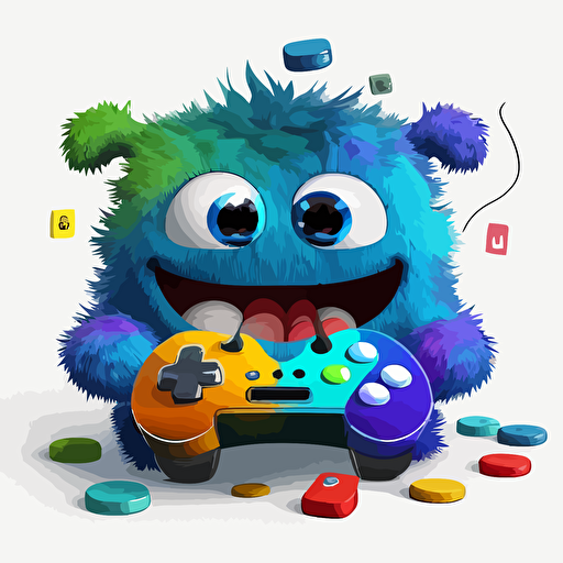 A saturated colorfull baby fur gamer monster, goofy looking, smiling, white background, vector art , pixar style