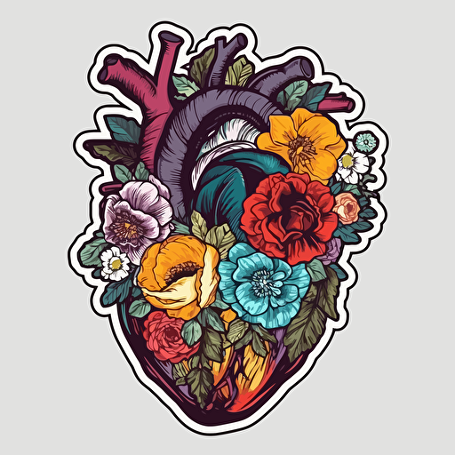 sticker, anatomical heart, colorful flowers, popart, vector, contour