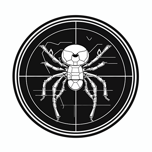 a minimalistic 2d logo image for an AI company of an araneus spider crawling on a tennis racket, black and white, vector, dynamic, cyberpunk, award-winning